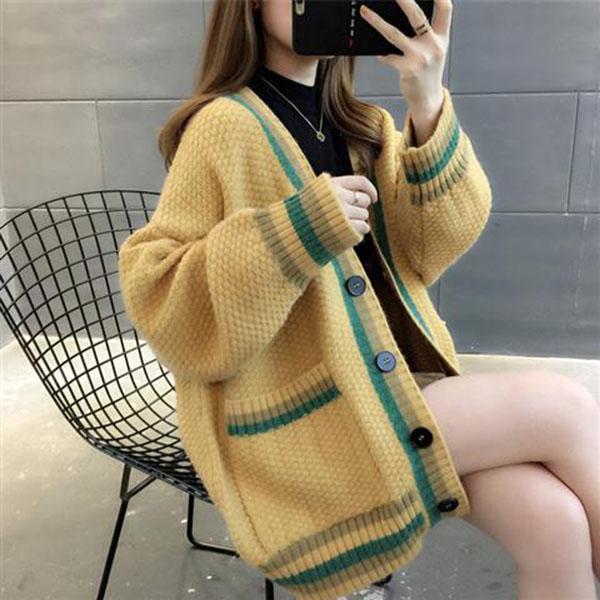 Autumn and Winter Knitted Casual Jacket Fashion Simple Cardigan Sweater Loose Green Striped Female Top