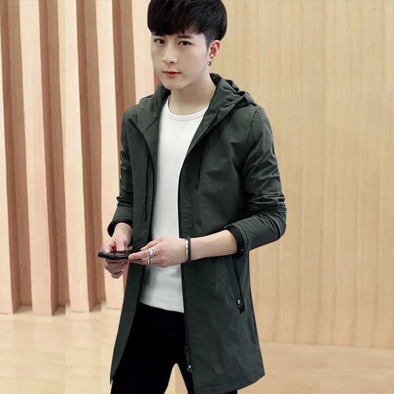 Spring Solid Color Hooded Jacket Long Slim Coat Youth Trend Windbreaker Casual Parka