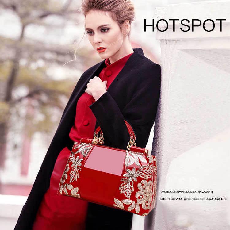 Women Embroidery Handbag Female Shoulder Bags Patent Leather Vintage Flowers Women Top-handle Tote