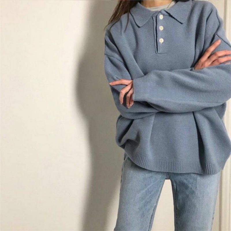 Pofulove Autumn Winter Mid-length Sweater Loose Solid Color POLO Collar Sweater Jacket Female