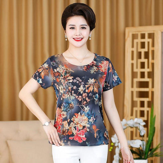 Summer Ice Silk Short-sleeved T-shirt Women's Printed Bottoming Shirt Floral Tops Daily Casual Loose T-shirt Fabric Smooth Light and Breathable