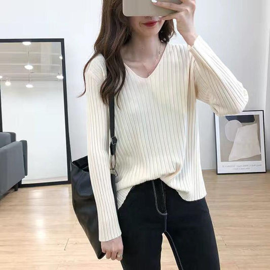 V-neck Long-sleeved Loose Bottoming Sweater Outer Wear Pure Color Thin Sweater Fabric Soft and Versatile Simple Sweater Women