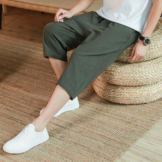 Cropped Pants Men's Linen Shorts Summer Thin Casual Pants Loose Large Size Cotton and Linen Beach Pants