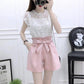 Women Thin High Quality O-Neck Cotton Lace T-Shirt+High Waist Elastic Shorts Two Piece Set