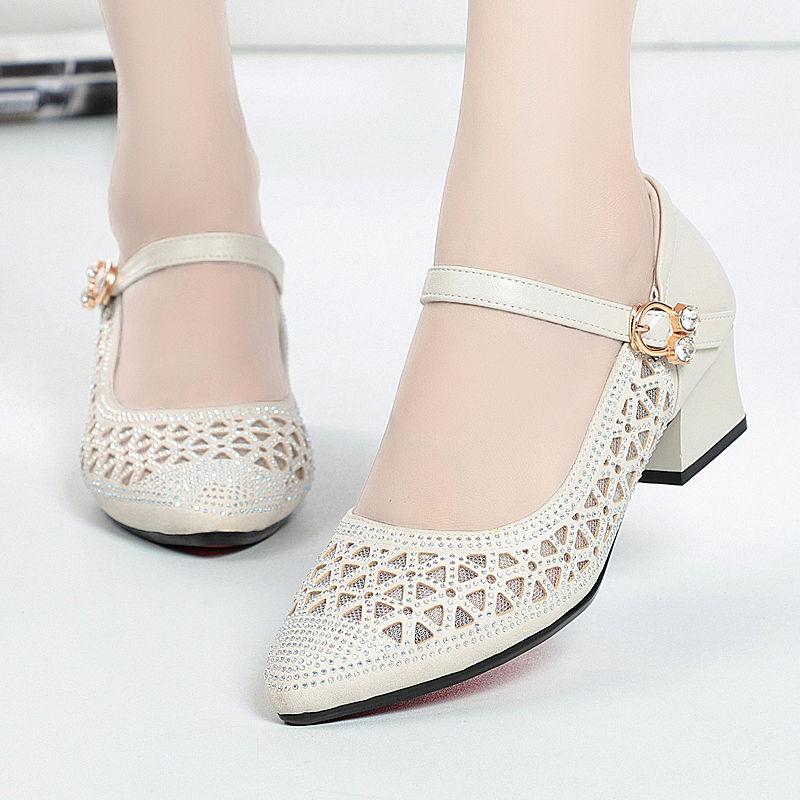 Women's High-heeled Sandals Mesh Sandals Hole Shoes Hollow Breathable Single Shoes Soft Sole Mid-heel Shoes