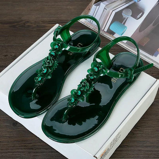 Summer Sandals Women's European and American Goddess Must-have Candy-colored Flower Sandals Flat Flip-flops Comfortable Light-weight Shoes