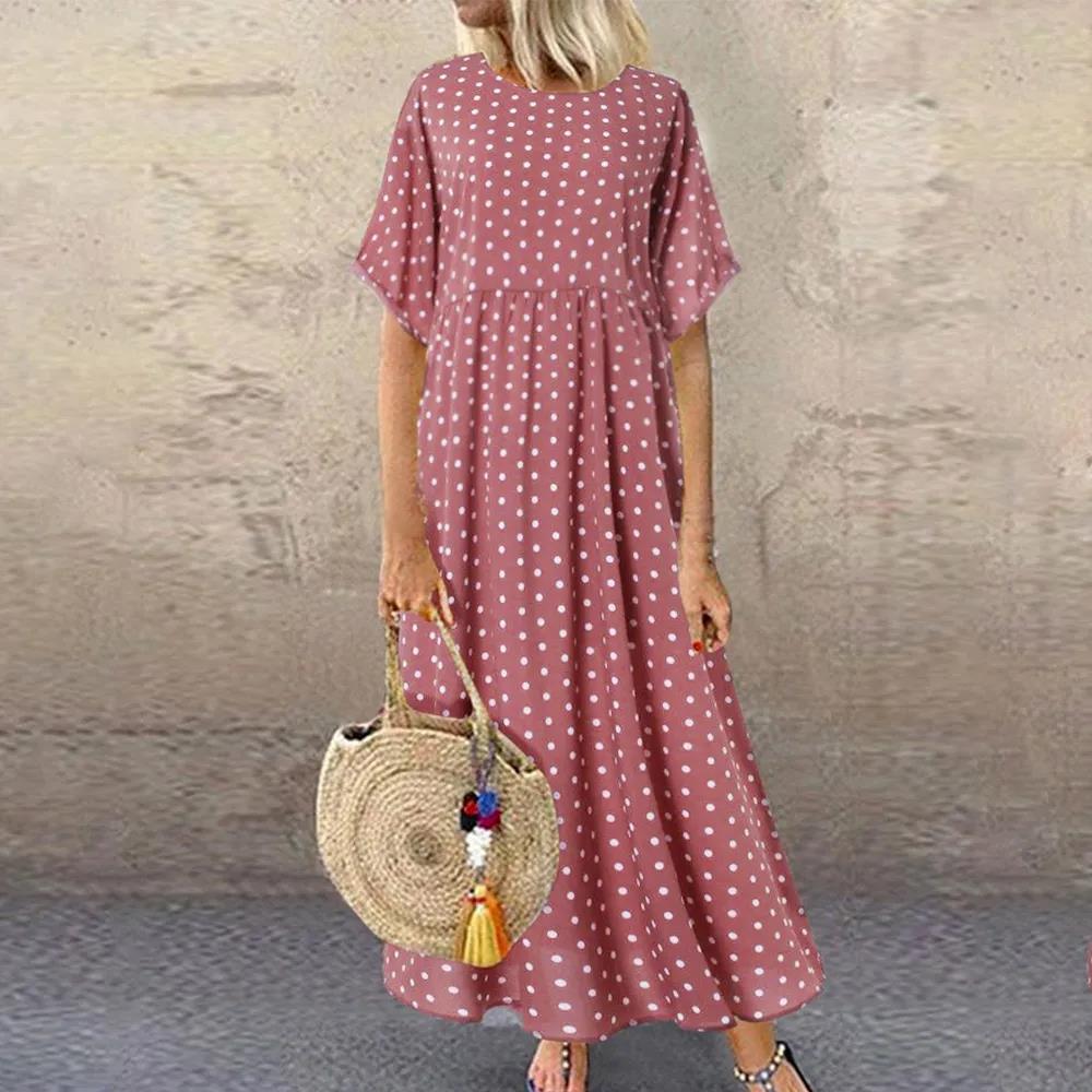 Four Colors Women Round Neck Short Sleeve Polka Dot Dress Casual Summer Long Dresses Lady Dresses