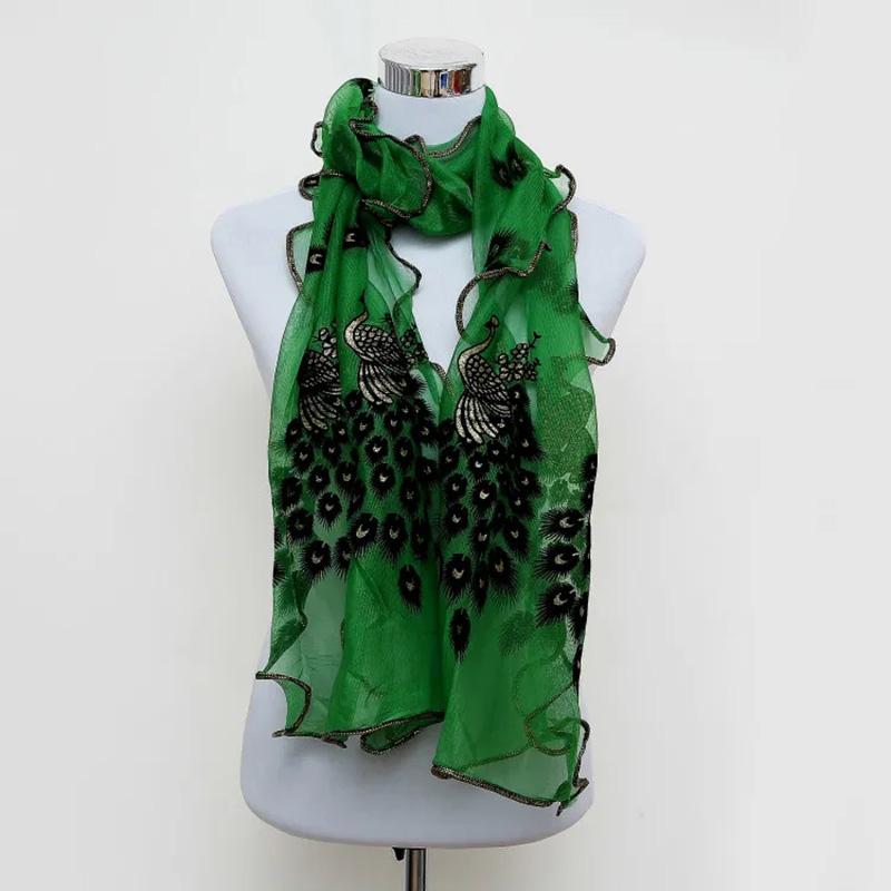 Women's Peacock Embroidery Scarf Bronzing Peacock Silk Scarf Lace Gauze Edging Solid All Match Neck Collar Scarves High Quality Neckerchief Shawls