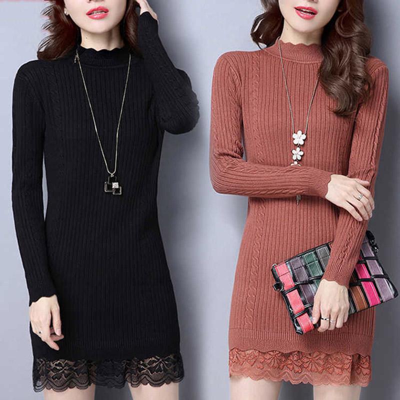 Inside Wearing A Sweater, Autumn and Winter, Long Sweater, Female Slim, Collar, Lace, Warm