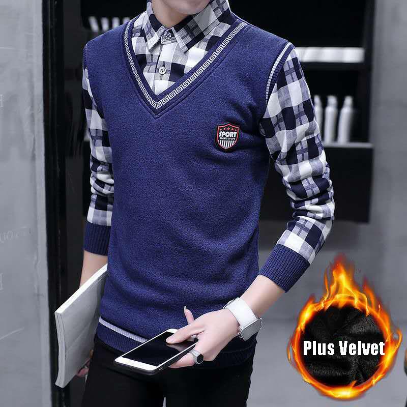 Autumn and Winter Men's Sweater Shirt Fake Two-piece Plus Velvet Thick Knit Sweater Slim Pullover for Teenagers