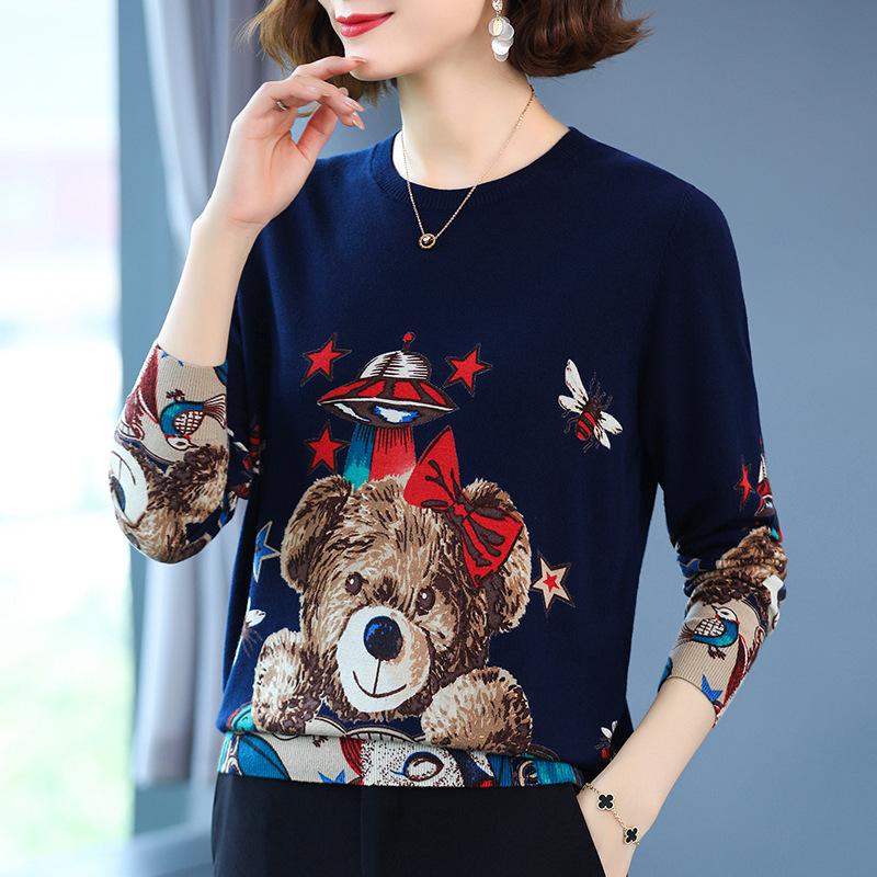 Autumn and Winter Women's Knitted Sweater Cartoon Print Sweater Round Neck Pullover Long Sleeve Bottoming Shirt Loose Fashion