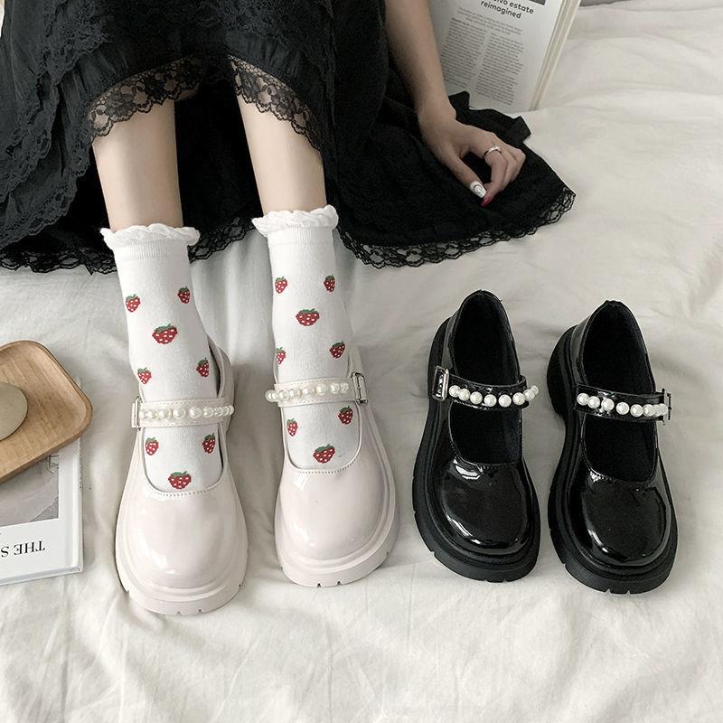 French Retro British Style Leather Shoes Pearl Word with Thick Sole Mary Jane Single Shoes Men Retro Lolita Leather Shoes Cute Women's Shoes