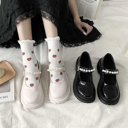 French Retro British Style Leather Shoes Pearl Word with Thick Sole Mary Jane Single Shoes Men Retro Lolita Leather Shoes Cute Women's Shoes