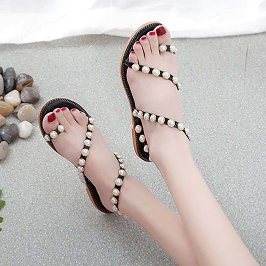 Pearl Sandals Female Summer Fairy Style Student Flat All-match Flip-flop Roman Sandals