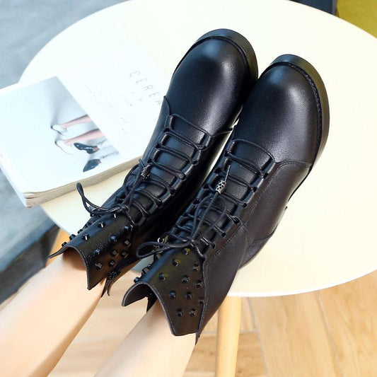 Genuine Leather Ankle Boots for Women Lace Up Platform Boots Women Winter Warm Plush Women Boots