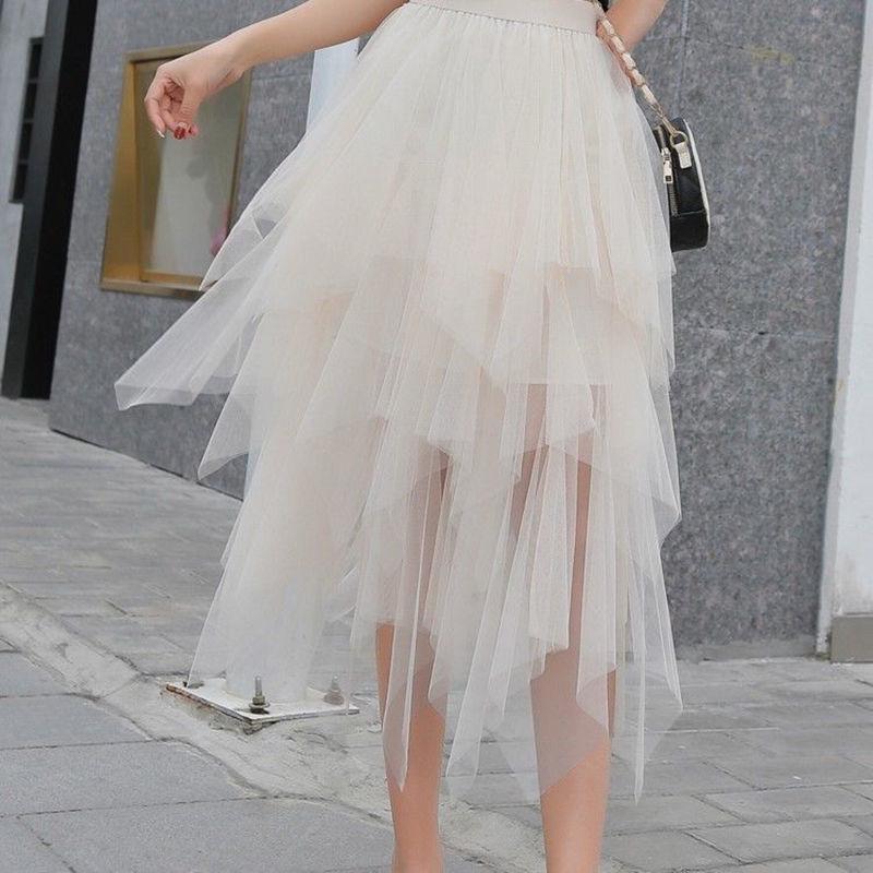 Women Irregular Tulle Skirts Fashion Elastic High Waist Tutu Skirt Pleated Long Skirts Midi Skirt