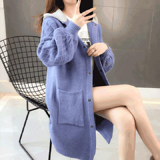 Autumn and Winter Knitted Plus Size Sweater Mid-length Korean Loose Sweater Thickened Simple Casual Women's Hoodie