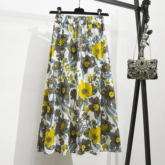 Women Summer Skirt Vintage Elastic Waist Mid-length Holiday Skirt Slim Floral Print Elegant Casual Skirt