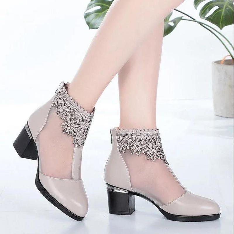 Net Boots Women's Thick-heeled High-heeled Women's Shoes Spring and Summer Sandals Hollow High-heeled Breathable Mesh Sandals Women