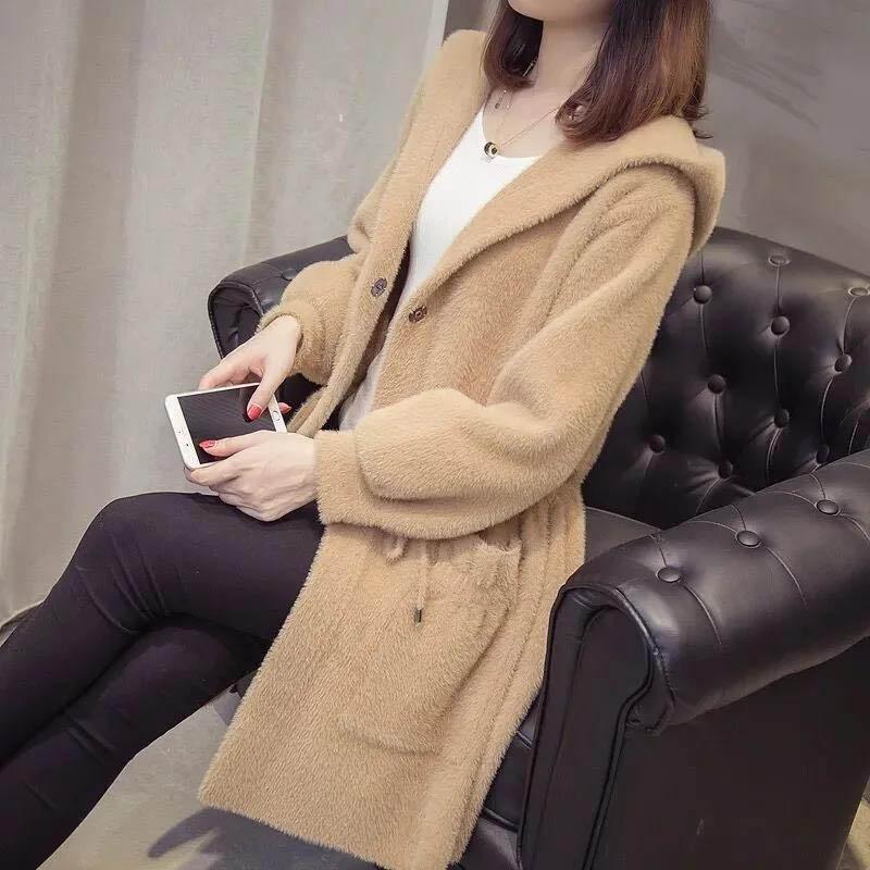 Autumn and Winter Imitation Mink Cardigan Hooded Loose Mid-length Lazy Sweater Large Size Thick Coat Women