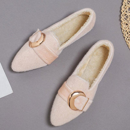 Hairy Shoes Women's Autumn and Winter Peas Shoes Plus Velvet Warm Cotton Shoes All-match Pointed Flat Shoes Women Moccasins