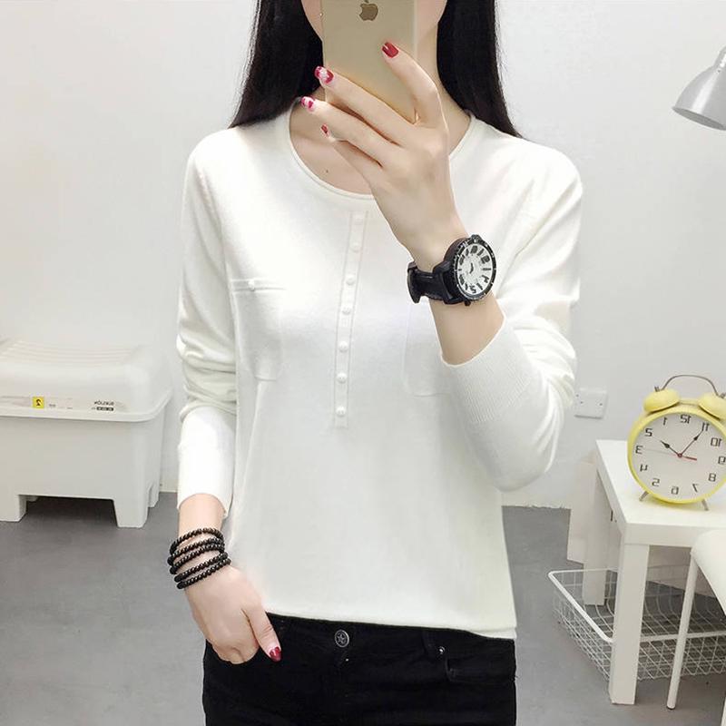 Women Button Low Collar Long Sleeve Pullover Sweater Slim Office Bottom Shirt Sweatshirts