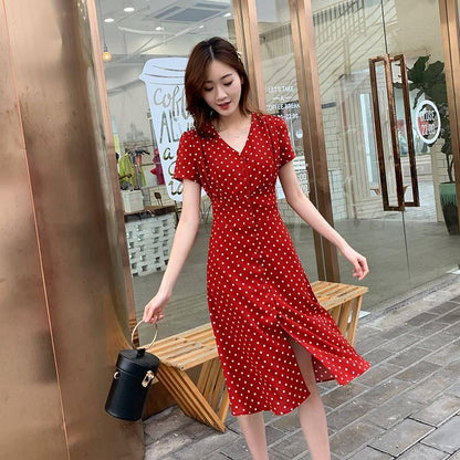 Vintage Dress French Style Polka Dot Midi Dress Long Sleeve High Waisted Retro Holiday Dress Women