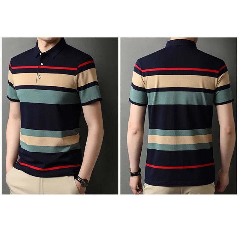 Summer Men's Short-sleeved Lapel T-shirt Striped Sweater Button Polo Shirt Middle-aged Youth Top