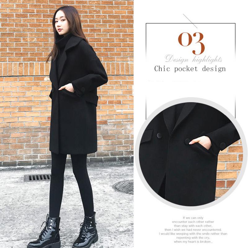 Cotton Thickened Mid-length Woolen Coat Autumn and Winter Loose and Thin Black Woolen Coat