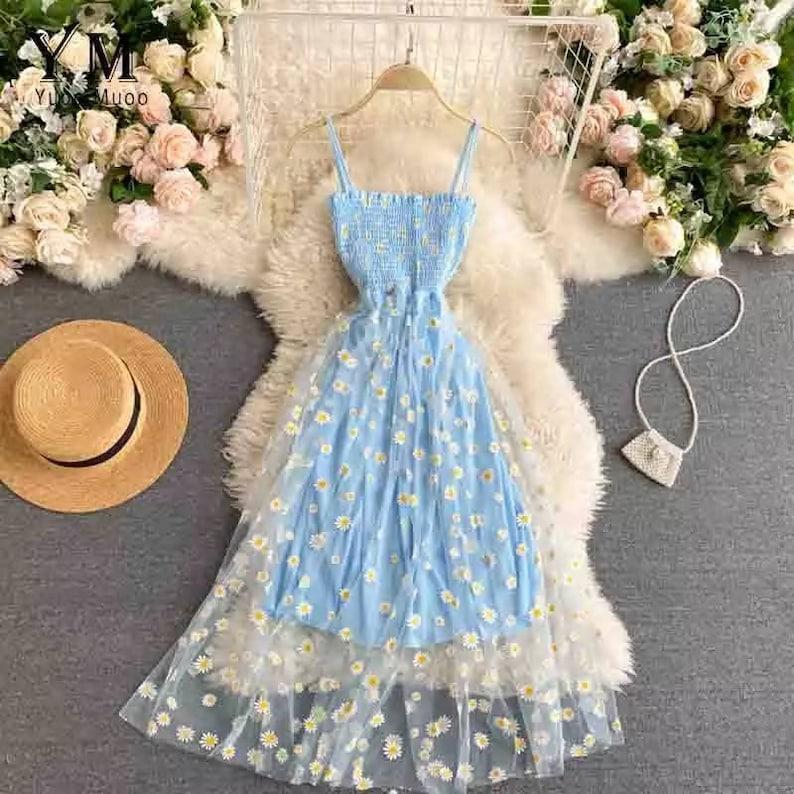 Daisy Mesh Yarn Spaghetti Strap Dress Women Summer French Style Pleated Slim Wasit Retro Sweet Dresses