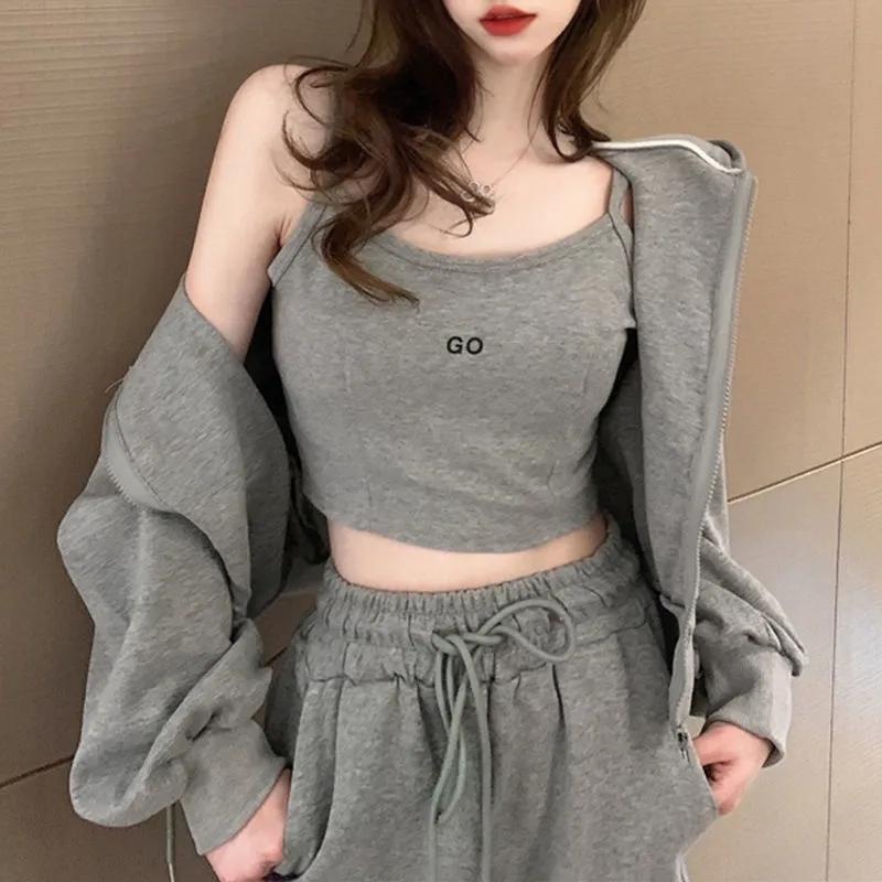 3PCS Women's Casual Sports Suit Autumn Loose and Thin Sweater Coat + Vest + Leggings Trousers Three-piece Zipper Cardigan Suit Girls Athletic Clothing