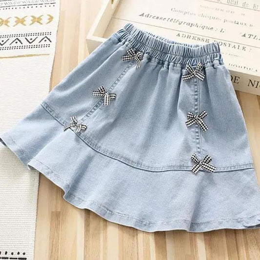 Autumn Spring Summer Casual Girls Summer Thin Denim Skirt Korean Bowknot Short Skirt Pleated Skirt Ruffle Denim Skirt