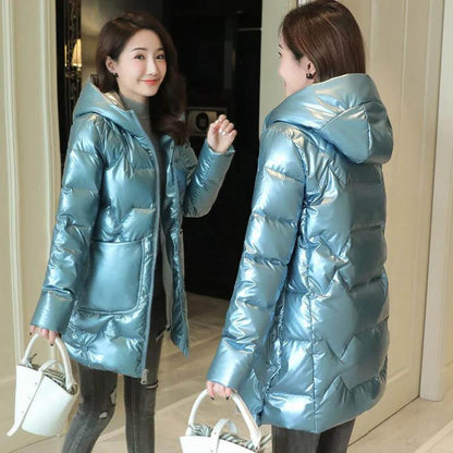 Disposable Glossy Down Padded Jacket Women's Mid-length Korean Slim Padded Jacket Jacket