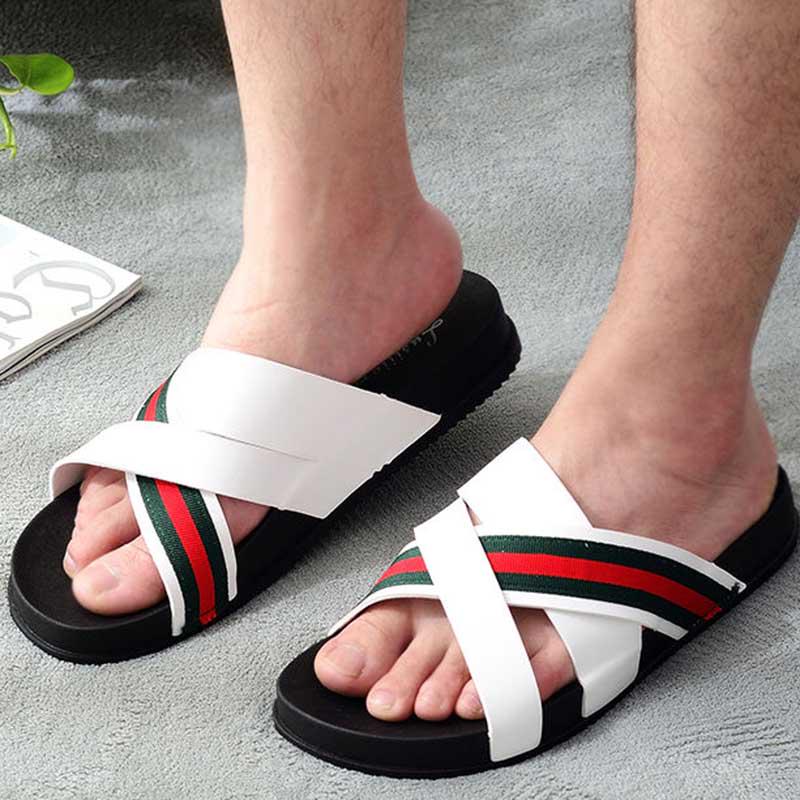 Size40-45 Summer Men Sandals Comfortable Non-slip PU Leather Beach Slippers Casual Outdoor Slippers Cross Alphabet Drag Flip Flops