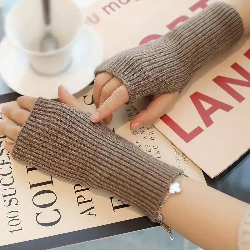 Women's Autumn Winter Plus Velvet Gloves Simple Thickening Warm Half-finger Knitted Gloves Solid Color Elastic Writing Sleeves Wristband Warm Mittens