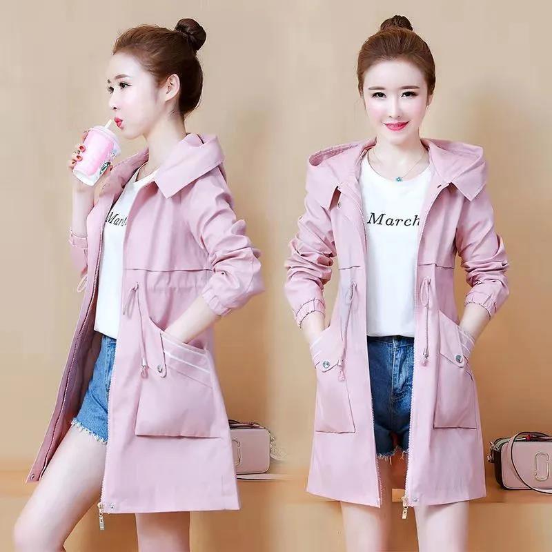 Double Layer Lining Windbreaker Women's Spring and Autumn Style Waist Loose Casual Hooded Raincoat Jacket