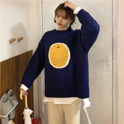 Pofulove Autumn Winter Fun Fruit Jacquard Sweater Loose Thick long Sleeved Pullover Sweater Women