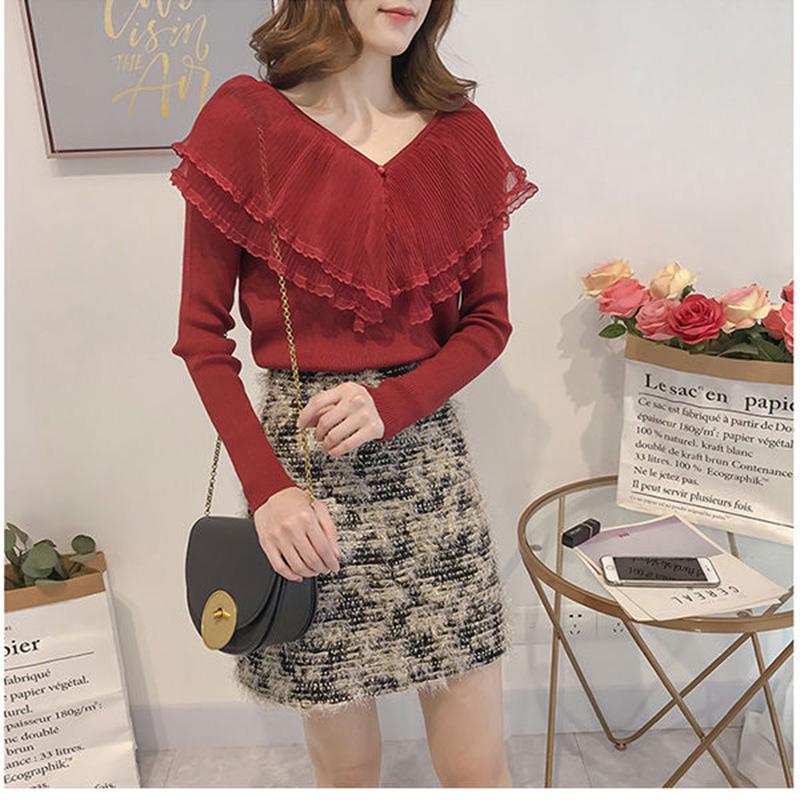 Double Layer Lotus Leaf Collar Sweater Fashion Flared Sleeve Sweater Autumn and Winter Ins Blouse