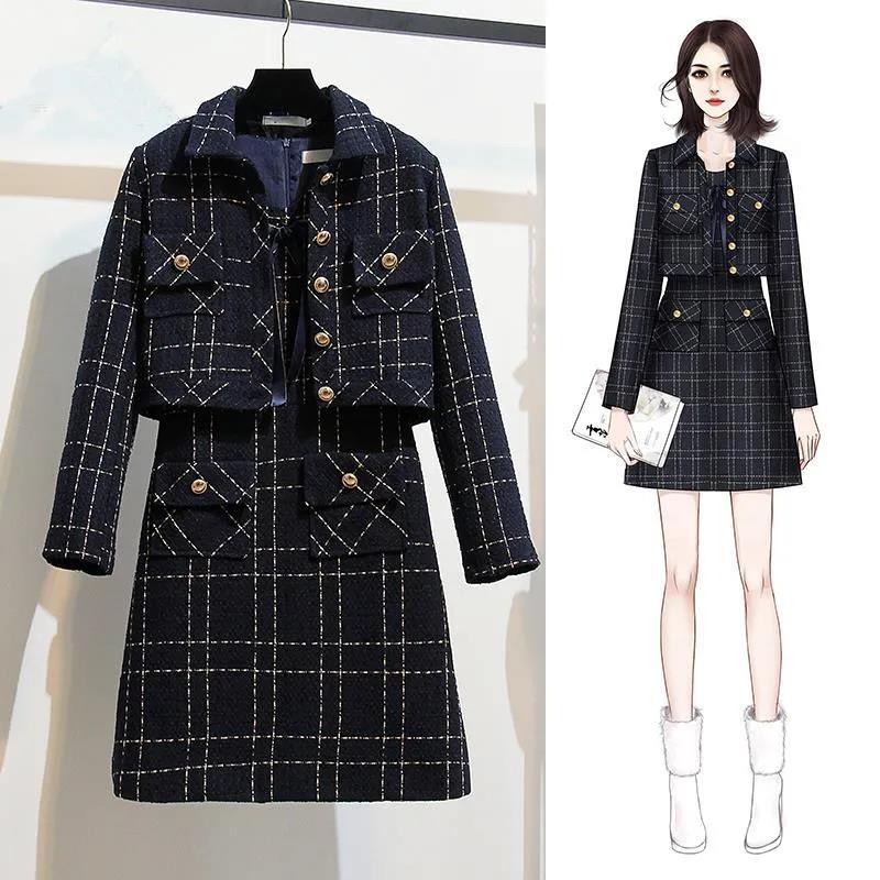 Fragrant Wind Jacket Skirt Suit Skirt Female Ladies Temperament Dress Two-piece Plaid Pattern Temperament Suit Elegant and Comfortable