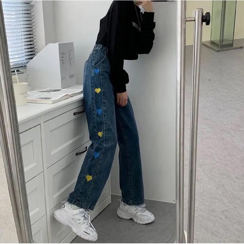 WTEMPO Love Embroidered Jeans Women's High Loose Casual Washed Denim Straight Long Wide Leg Pants