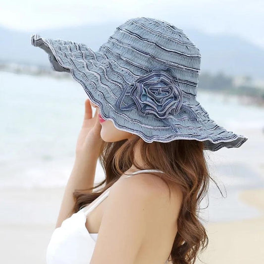 Women's Summer Flower Folds Sunshade Hat Sun Cap Anti-ultraviolet Beach Hat Foldable Vacation Big Brim Adjustable Sun Hat