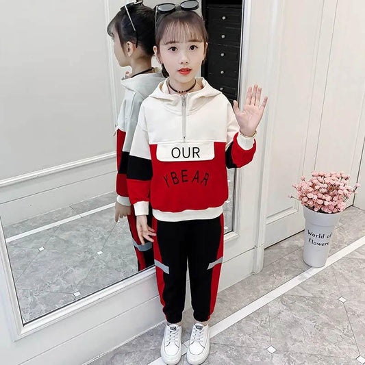 Comfortable Skin-friendly Girls' Spring and Autumn Suits Loose Long-sleeved Color-block Print Pullover Sweater Casual Trousers Children Two-piece Set