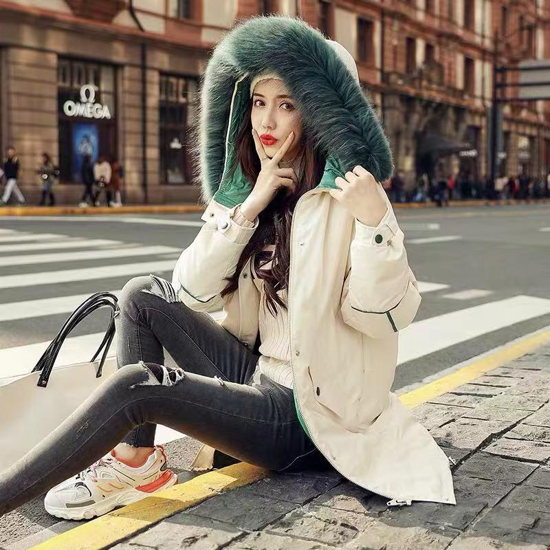 Black Women's Down Padded Jacket Fashion Mid-length Thick Loose Down Padded Jacket Big Fur Collar Warm Parker Clothing