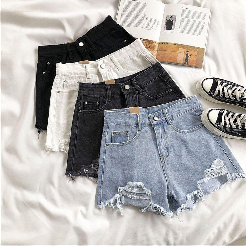 Light-colored Denim Shorts Women's High Waist Summer New Style Korean Loose Loose Holes and Raw Edges Are Thin