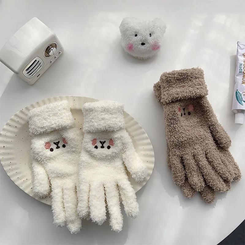 Women's Plush Cute Cartoon Gloves Winter Warm Plus Velvet Thick Embroidery Five Fingers Mittens Outdoor Cycling Cotton Gloves Windproof Soft Gloves