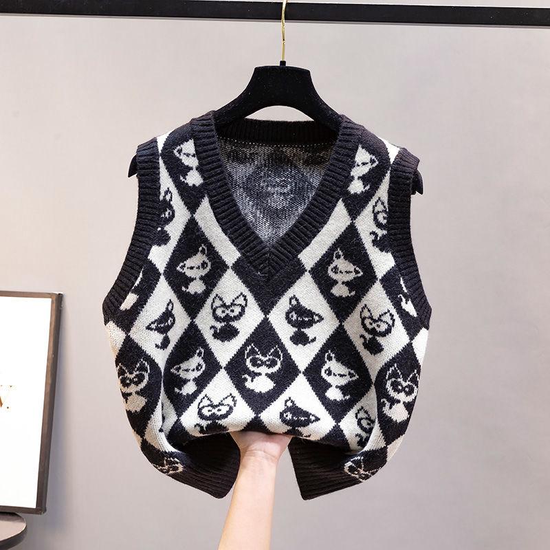 Autumn and Winter Diamond Plaid Retro Sweater Vest Knit Sweater Women's Vest Cartoon Loose V-neck Waistcoat Vest