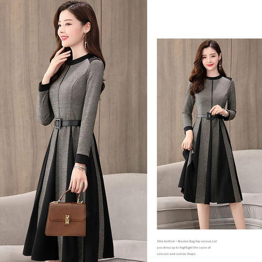 Spring and Autumn Noble Temperament Sweater Mid-length Fashion Simple Dress Round Neck Pullover Women's Base Dress