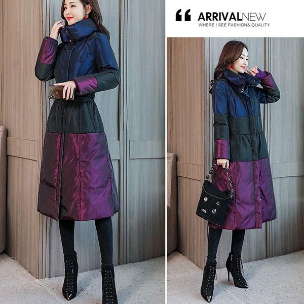 Women's Long Parka Jackets Slim Color Block Hooded Parka Coat  Plus Size Thick Warm Winter Coat  Outwear