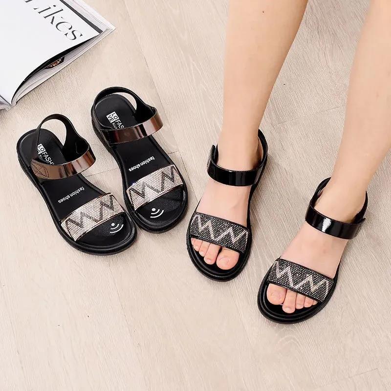 Ladies Mother Shoes Sandals Summer Middle-aged All-match Rhinestone Fashion Middle-aged and Elderly Women's Shoes Wedge Shoes