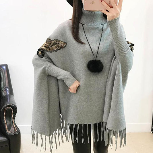 Turtleneck Fringed Sweater Women's Mid-length Korean Version of The Loose Large Size Cloak Coat Knit Bat Shirt